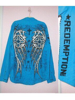 Vtg Y2k Raw State Redemption Shirt Mens XXL Button Velvet Goth Grunge Rockabilly